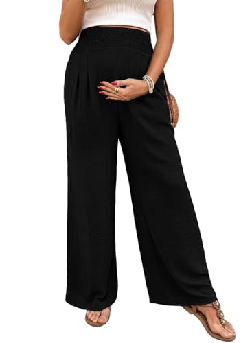 BLENCOT Women's Maternity Pants Smocked Palazzo Pregnancy Trousers - color: Black, size: Medium