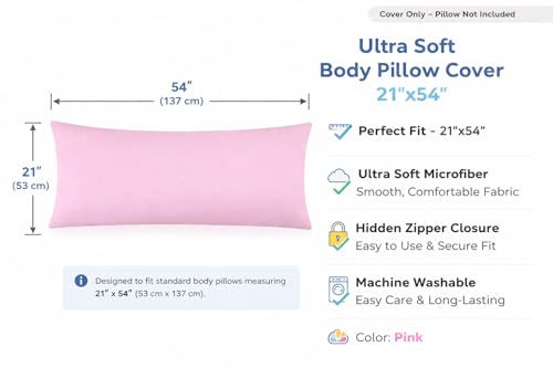 EVOLIVE Body Pillow Cover 21"x54", Microfiber, Hidden Zipper (Pink) - color: Pink