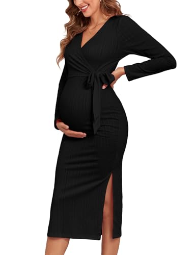 2026 Fall Rib Knit Maternity Nursing Dress Knot Side Long Sleeve V Neck Bodycon Wrap Pregnancy Split Dresses - color: Black, size: XX-Large