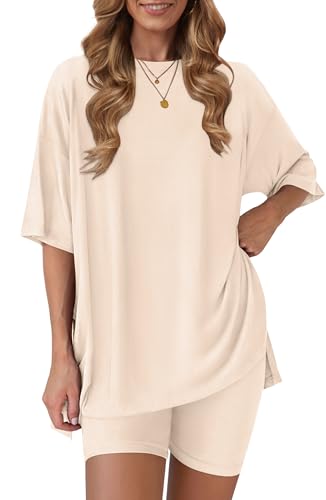 RUBZOOF Women 2 Piece Lounge Sets Summer Outfits Shorts Set - color: Beige, size: Small