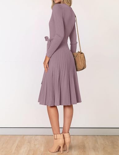 ZESICA Women's Long Sleeve Wrap Sweater Midi Dress with Belt - color: Darkviolet, size: X-Large