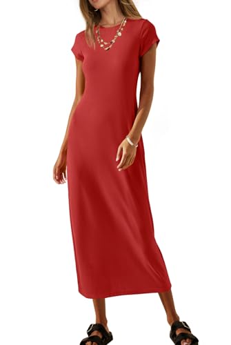 MEROKEETY Women's Summer Casual Tshirt Dress Short Sleeve Maxi Long Dresses - color: Red, size: Large