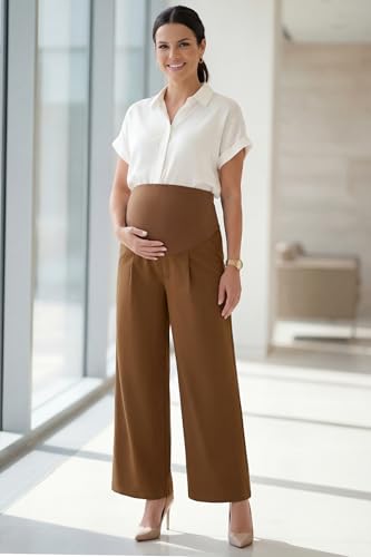 OUGES Women's Wide Leg Summer Business Casual Maternity Pants with Pockets - color: Dark Coffee, size: Large