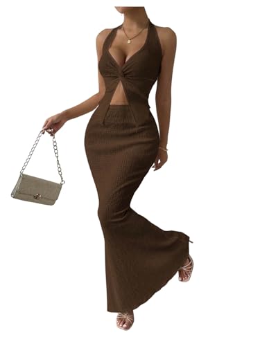 SOLY HUX Women's 2 Piece Outfit Twist Front Halter Cami Skirt Summer Set - color: Plain Brown, size: X-Large