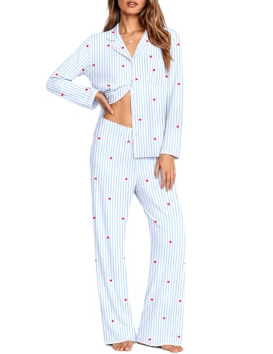 Ekouaer Pajamas for Women Set Long Sleeve Lounge Set Soft Button Down Pjs - color: Blue Stripe, size: Medium