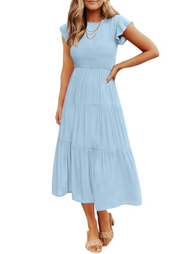 ZESICA Women's 2026 Summer Casual Flutter Short Sleeve Smocked Midi Dress - color: Blue, size: Large