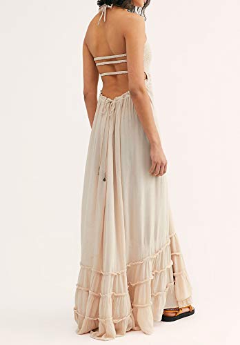 R.Vivimos Womens Summer Boho Sexy Backless Long Dresses - color: Beige, size: Large