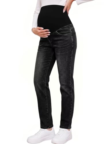 Yoklass Over The Belly Maternity Jeans Long Pants with Pockets - color: A04: Dark Grey, size: Small