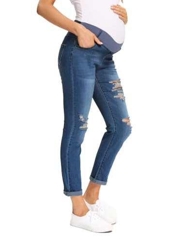 Foucome Women's Maternity Jeans Stretch Ripped Boyfriend Jeans - color: 066# - Dark Blue, size: Medium