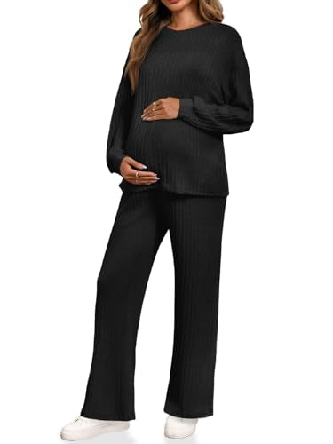 Yousify Womens Maternity Pajamas Sets 2 Piece Outfits Ribbed Knit Lounge Set - color: Black, size: X-Large