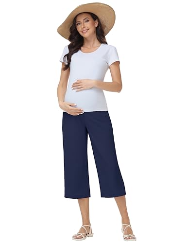 Maternity Capris Wide Leg Pregnancy Cropped Pants - color: Navy Blue, size: X-Large