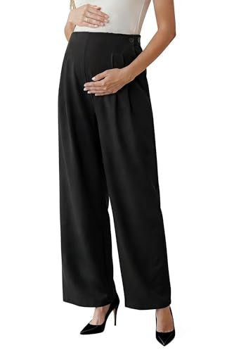 OUGES Women's Linen Maternity Pants Casual Work Adjustable Waist Straight Leg Business Office Trousers with Pockets - color: Black, size: XX-Large