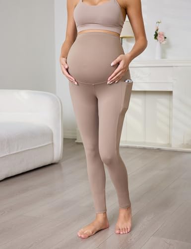 Buttergene Maternity Leggings with Pockets - color: Khaki, size: XX-Large