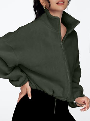 AUTOMET Womens Fleece Jackets Zip Up Oversized Cropped Sweatshirts - color: Armygreen, size: Medium