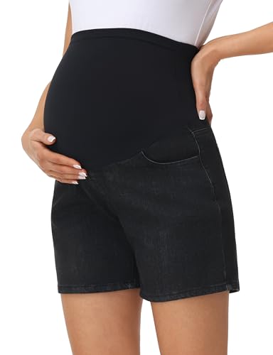 Foucome Women's Maternity Jean Shorts Over the Belly - color: Wash Black, size: Medium