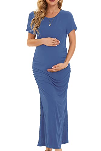 Smallshow Women's Split Long Short Sleeve Maternity Dress - color: Grey Blue, size: Large