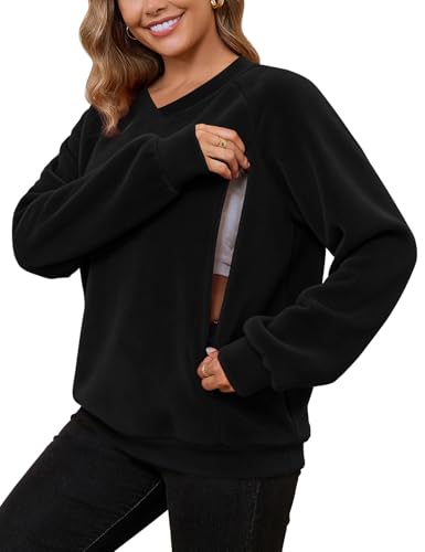 Bhome Fleece Breastfeeding Shirts Hidden Zipper Nursing Tops Pumping Friendly Sweatshirt Oversized Pullover with Pockets - color: Black, size: Large