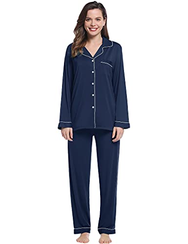 Joyaria Women's Cooling Bamboo Viscose Pajama Set Long Sleeve Button Front - color: Long-navy, size: Medium