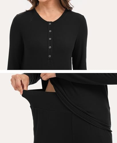 GYS Women's Bamboo Viscose Nursing Pajama Set, Wide Waist Cooling - color: Black, size: Large