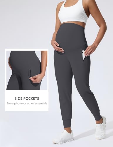Mama Land Maternity Joggers Over Belly Pants with Zipper Pockets - color: Dark Grey, size: Small
