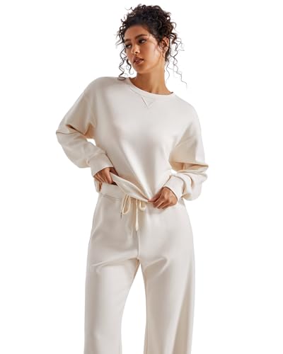 SUUKSESS Women Modal 2 piece outfits Oversized Sweatshirt Wide Leg Pants - color: Apricot, size: Medium