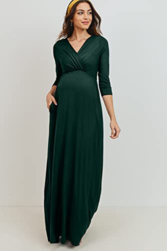 LaClef Women's Wrapped Ruched Maternity Dress with Pocket - color: Hunter Green, size: Small