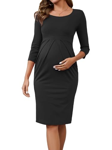 Maternity Work Dress 3/4 Sleeve Formal Business Outfit - color: Black, size: X-Large