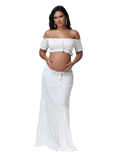 Maternity Boho 2 Piece Outfits Dress for Photoshoot Baby Shower - color: White, size: Large