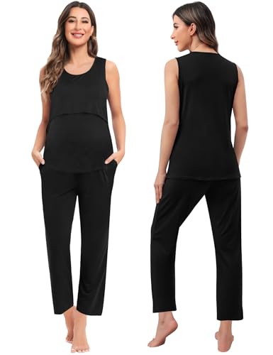 SWOMOG Maternity Nursing Robe Set 3 PCS Women Postpartum Pajamas Breastfeeding Labor Delivery Hospital Pregnancy Pjs - color: Black, size: Large