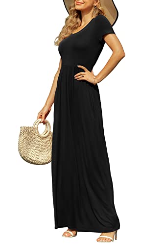 DB MOON Women's Summer Maxi Dress Casual Short Sleeve Empire Waist Pockets - color: Black, size: Medium
