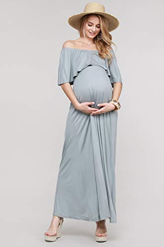 My Bump Women's Ruffle Off The Shoulder Maxi Maternity Dress-Made in USA - color: Blue Grey Solid, size: Medium