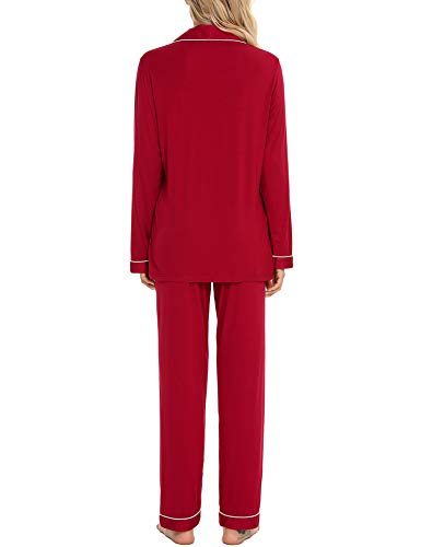 Anjue Pajamas For Women Set Long Sleeve Button Up Sleepwear Soft Pjs - color: Wine Red, size: Large