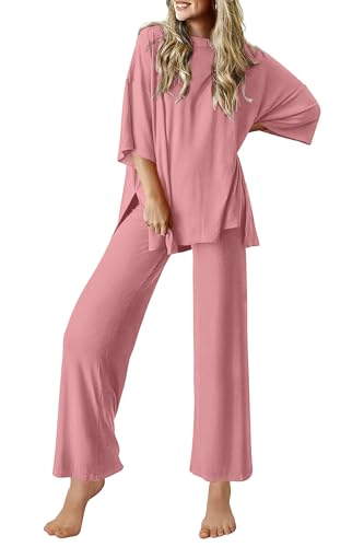 Ekouaer Lounge Sets for Women Soft Comfy Pajama Set 2 Piece Outfits - color: Old Rose, size: Medium