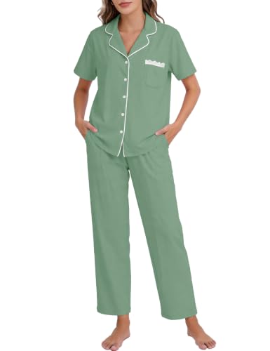 Flygo Womens Button Down Pajama Set Short Sleeve Top Long Pants Soft Loungewear Pjs Set with Pockets - color: Beangreen, size: Large