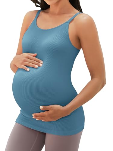 ATTRACO Women's Maternity Tank Tops with Built in Bra Pregnancy Tank - color: A-haze Blue, size: Small