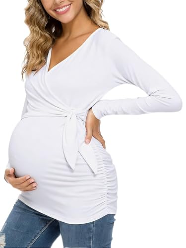 Glampunch Maternity Shirts Short & Long Sleeve Wrap Maternity Tops - color: 04-white, size: Small