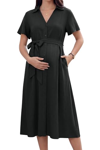 OUGES Women's Summer Maternity Dress Collar V Neck Button Down Tie Waist Casual Midi Dresses with Pockets 2026 - color: Black, size: Medium