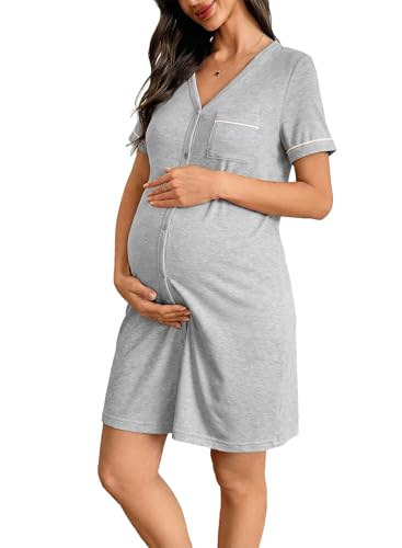 BLENCOT Women’s Labor and Delivery Night Gown for Maternity Short Sleeve V Neck Open Front Shirt Dress with Buttons - color: Light Grey, size: Small