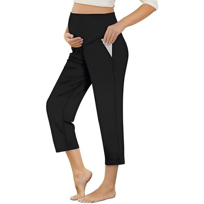 Maternity Capri Pants, Over The Belly Pregnancy Pants with Pocket - color: Black, size: Large