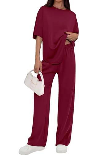 PRETTYGARDEN 2 Piece Lounge Sets Women Airport Travel Outfit - color: Burgundy, size: XX-Large