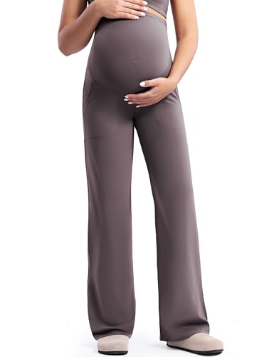 POSHDIVAH Creamluxe Maternity Wide Leg Pants Pregnancy Work Trousers - color: Taupe, size: Medium