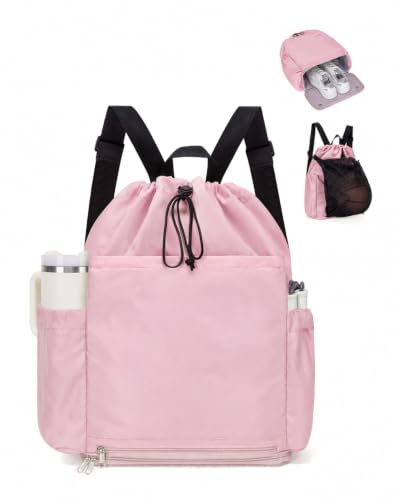 Drawstring Backpack with Shoe & Wet Compartments, Cup & Ball Holders, Pink - color: Pink