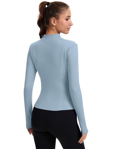 Rapbin Women's Full Zip Workout jackets Runing Slim Fit Athletic Tops With Thumb Holes - color: Blue, size: Large
