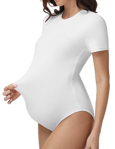 V VOCNI Maternity Bodysuit Short Sleeve Stretchy Basic Pregnancy T Shirt - color: White, size: Medium