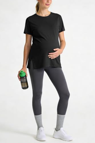 Women's Maternity Shirts Short Sleeve Split Hem Pregnancy Tops Clothes - color: Black, size: Small