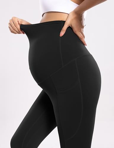 POSHDIVAH Maternity Workout Leggings with Pockets Ultra Soft Yoga Pants - color: Black, size: Small