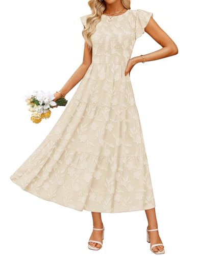 ZESICA Women's Summer Floral Boho Smocked Flowy Maxi Dress - color: Apricot, size: Medium