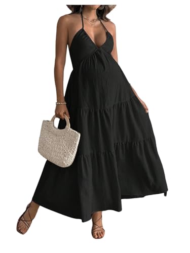 Milumia Women's Maternity Flowy Halter Maxi Dress Summer Sundress - color: Black, size: Medium