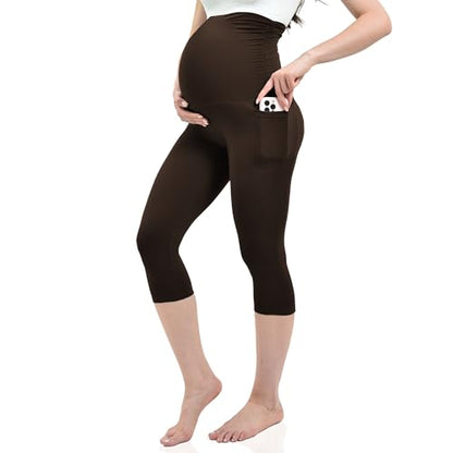 Ipletix Maternity Capris Leggings with Pockets Pregnancy Yoga Pants - color: Dark Brown, size: Medium