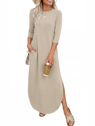 ANRABESS Women’s Air Layer 3/4 Sleeve Fall Maxi Dress & Pockets - color: Beige Grey, size: XX-Large